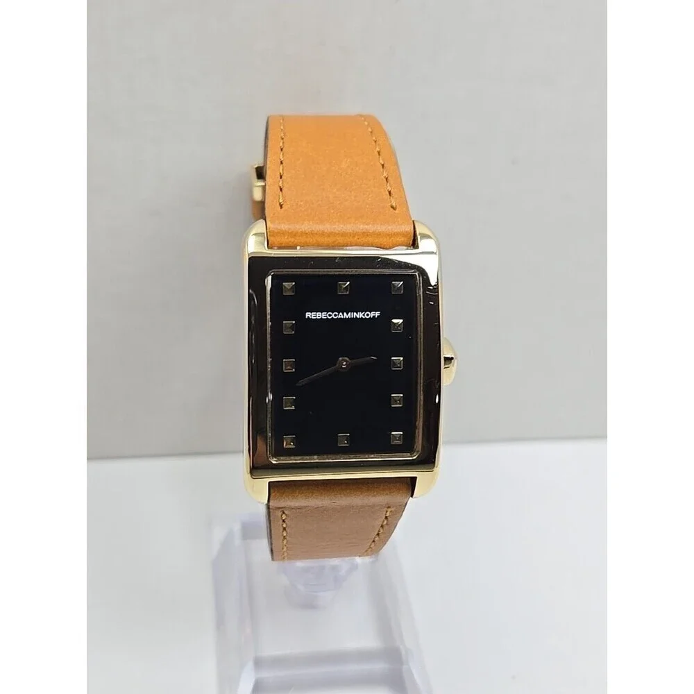 Rebecca Minkoff Womens Black Dial Tank Dress Watch New Battery Gold Tone Leather
